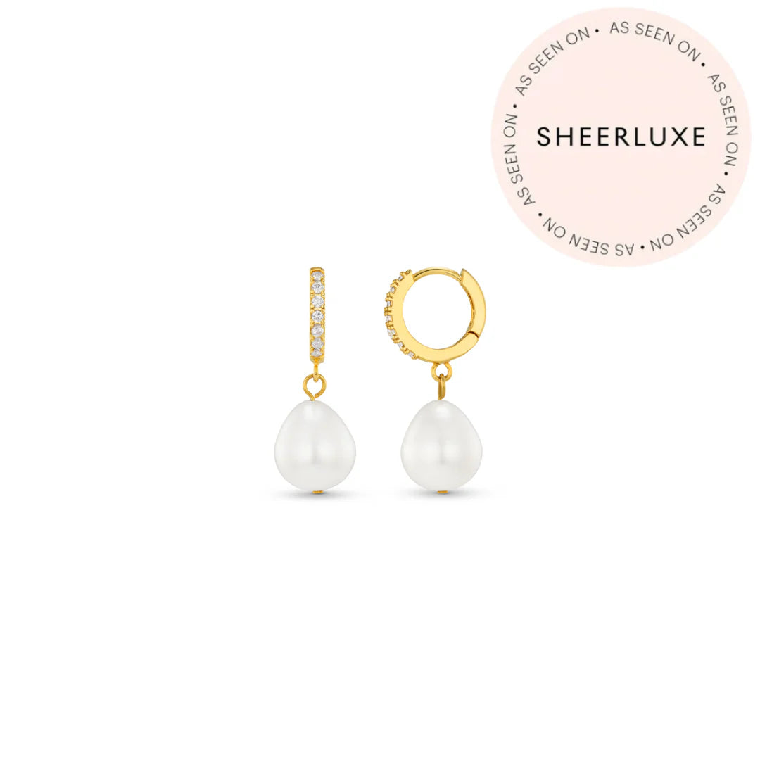 Pearl Drop Pave Hoop Earrings Gold