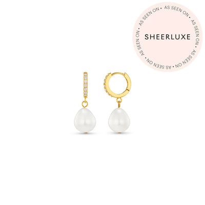 Pearl Drop Pave Hoop Earrings Gold