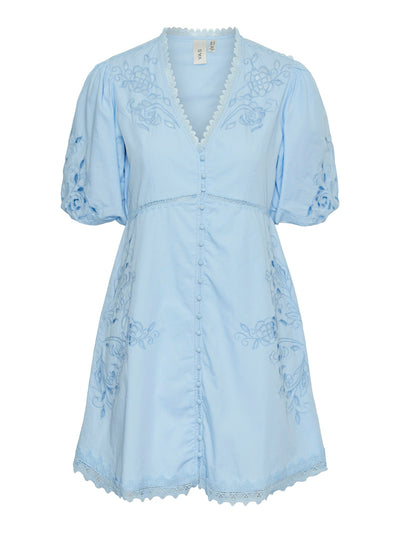 Blue embroidered occasion dress
