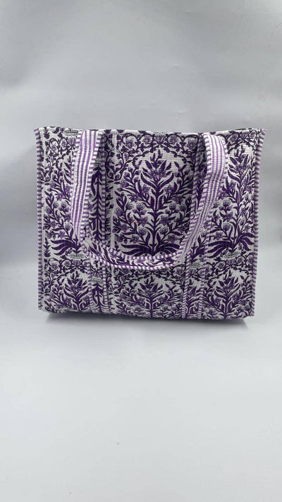 Kantha Purple/White Quilted Floral Reversible Tote Bag