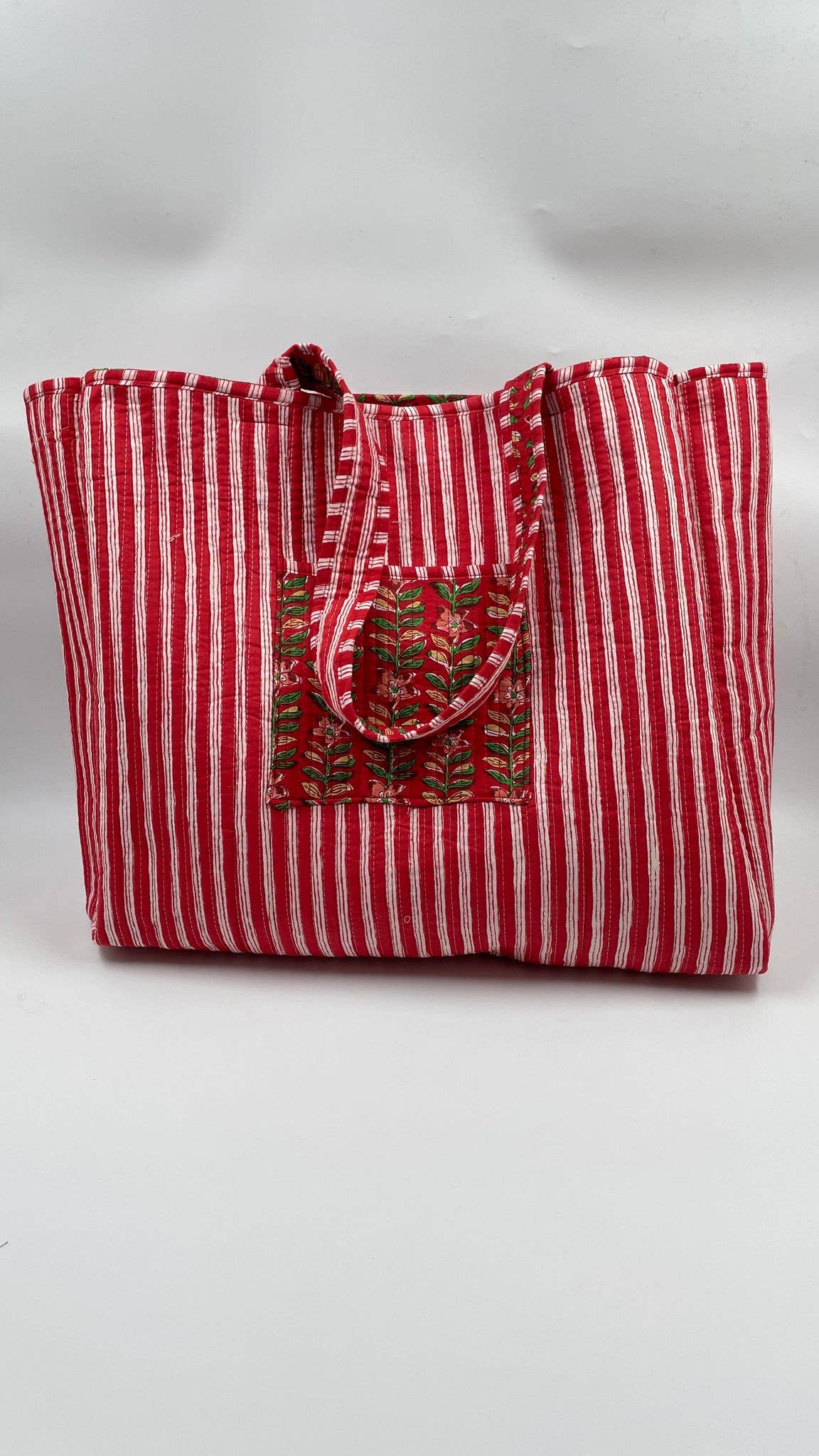 Kantha Red/Green Quilted Reversible Floral Tote Bag