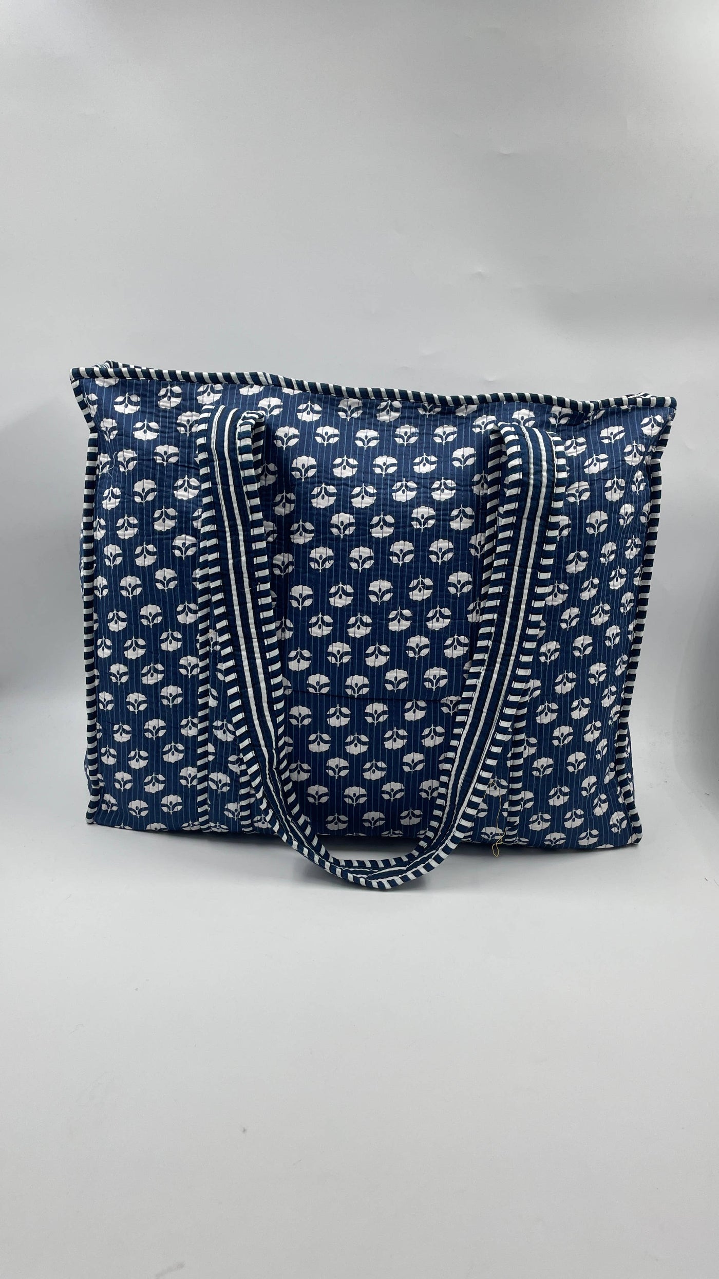 Kantha Quilted Blue/White Floral Tote Bag with Zip