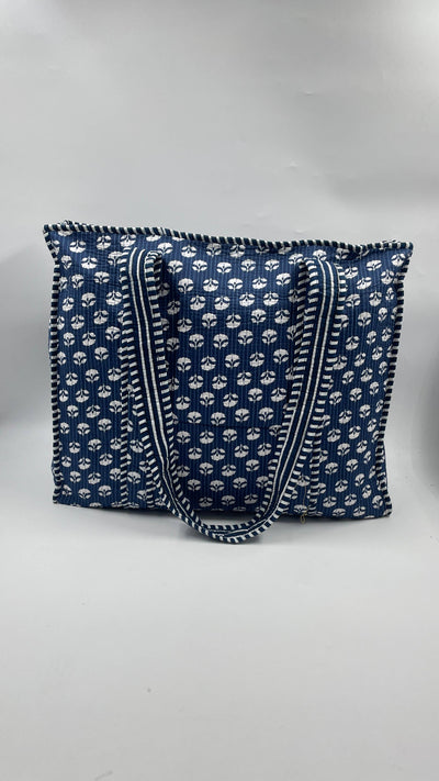 Kantha Quilted Blue/White Floral Tote Bag with Zip