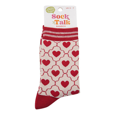 Women's Bamboo Socks - Cream/Red, Heart Ribbon