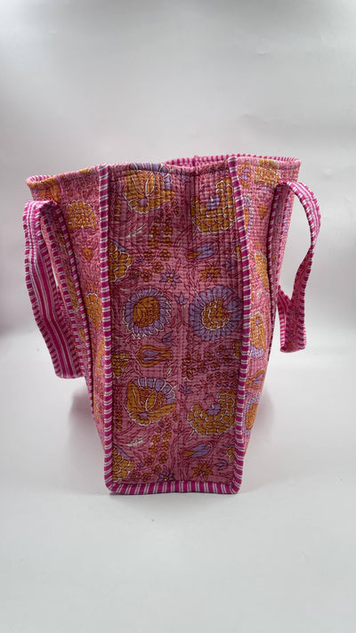 100% Cotton Kantha Quilted Boho Floral Reversible Tote Bag