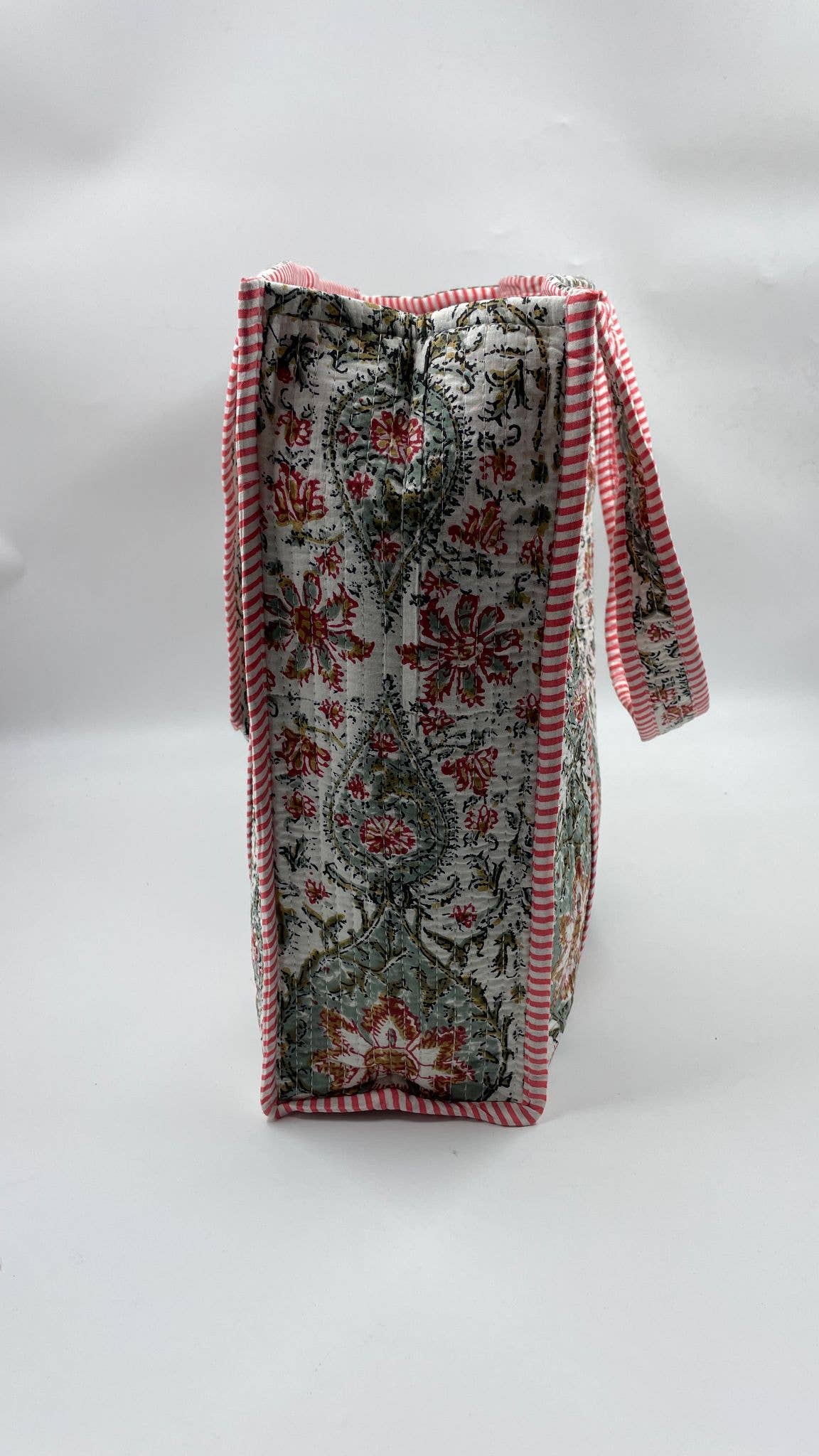Kantha Green/Red Quilted Reversible Floral Tote Bag