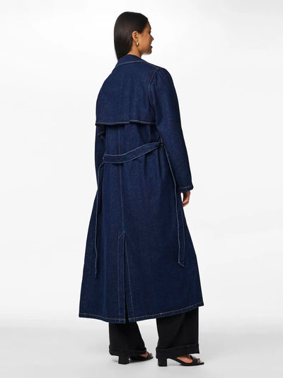 PcFreya Long Denim Trenchcoat Dark Blue