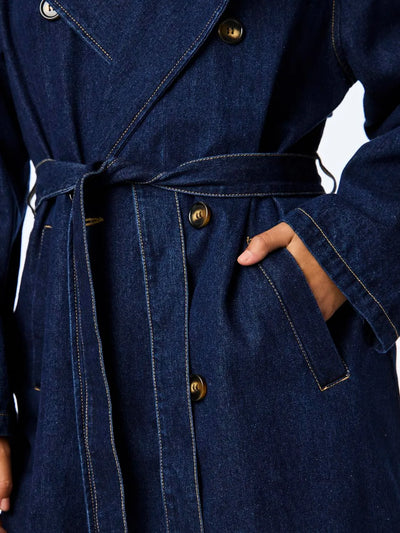 PcFreya Long Denim Trenchcoat Dark Blue