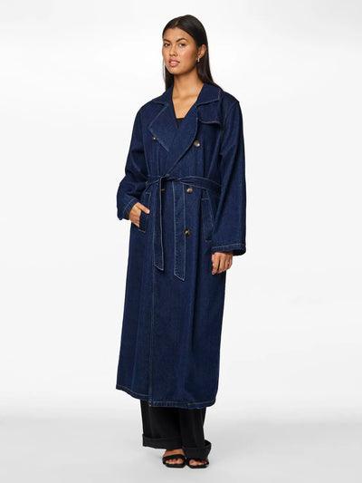 PcFreya Long Denim Trenchcoat Dark Blue