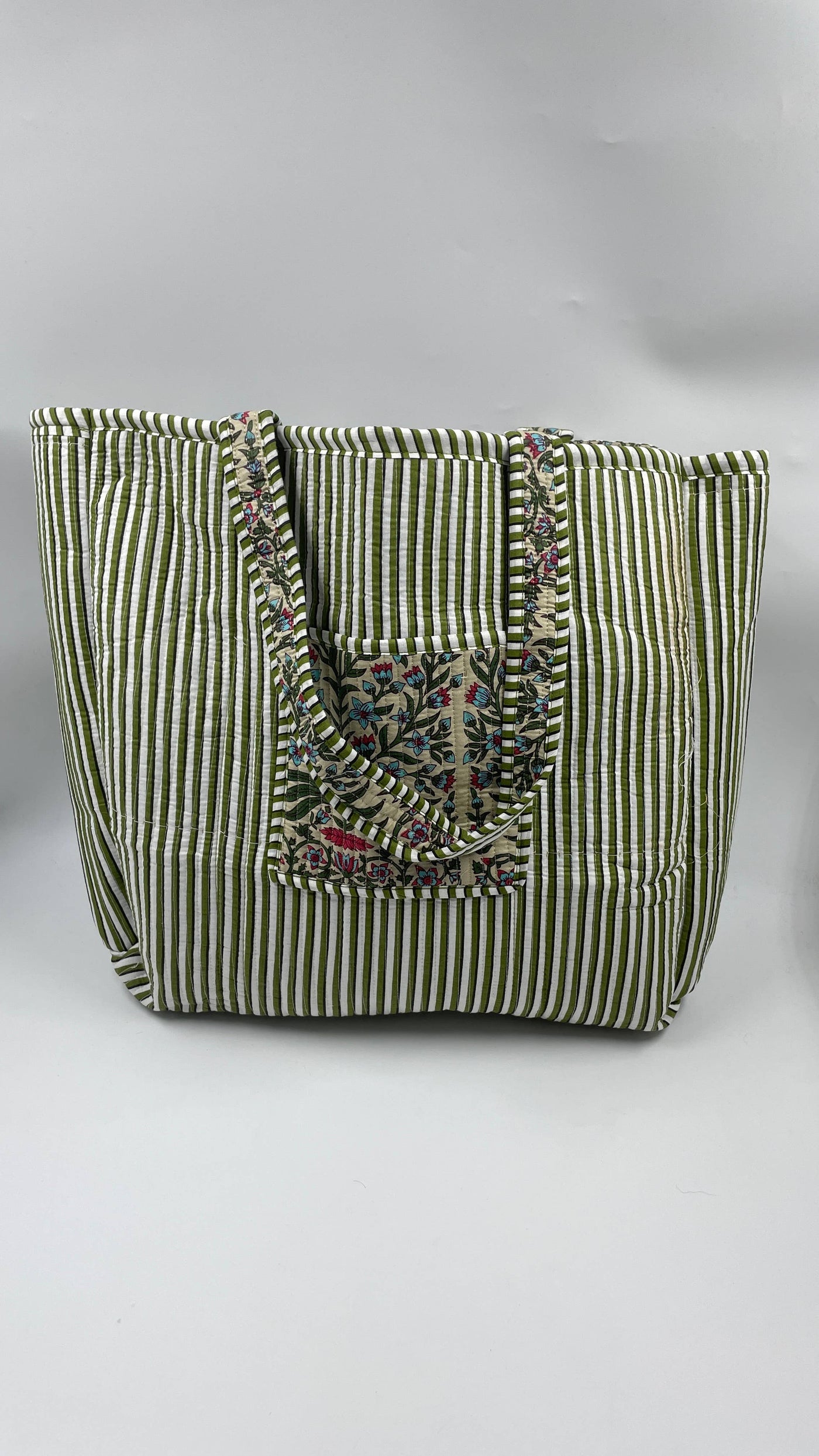 Kantha Quilted Khaki/Blue Floral Reversible Tote Bag 