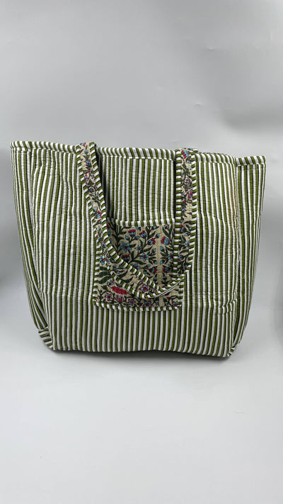 Kantha Quilted Khaki/Blue Floral Reversible Tote Bag 
