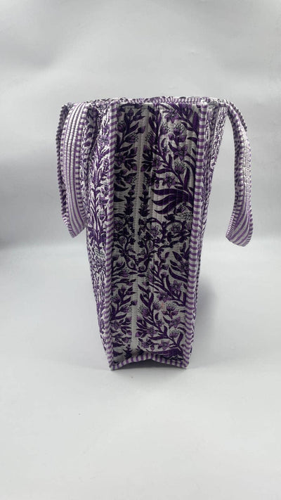 Kantha Purple/White Quilted Floral Reversible Tote Bag