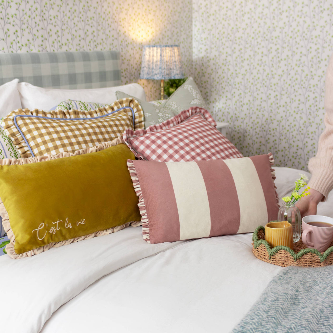 Maude Gingham Reversible Piped Cushion Gold 45 x 45cm