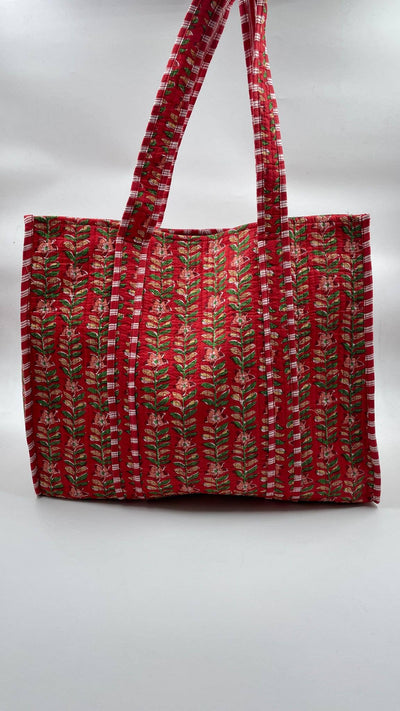 Kantha Red/Green Quilted Reversible Floral Tote Bag