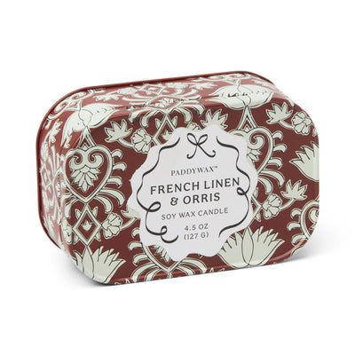 Cherie 4.5oz/127g Printed Tin Candle - Crimson & Cream - French Linen & Orris