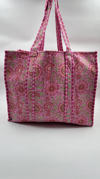 Kantha Pink/Green Quilted Floral Reversible Tote Bag
