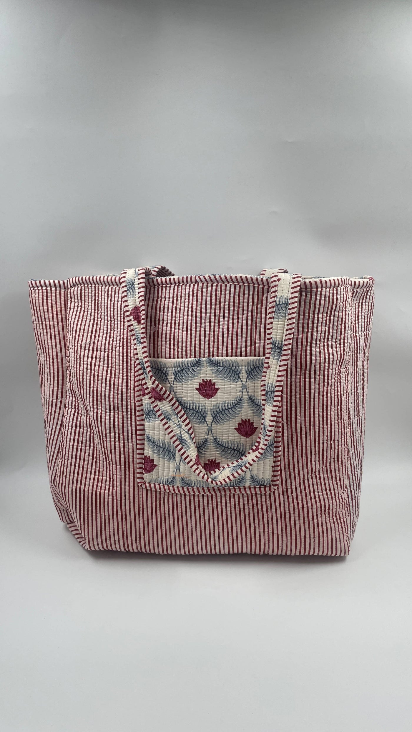 Kantha Quilted White/Red/Blue Floral Reversible Tote Bag
