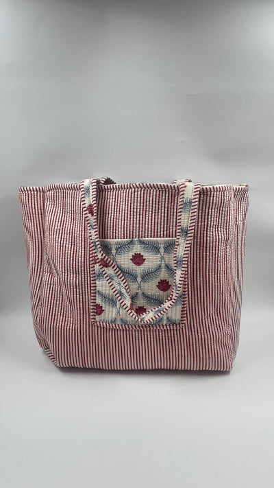 Kantha Quilted White/Red/Blue Floral Reversible Tote Bag