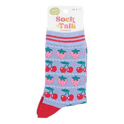 Women's Bamboo Socks - Light Blue/Red, Strawberries
