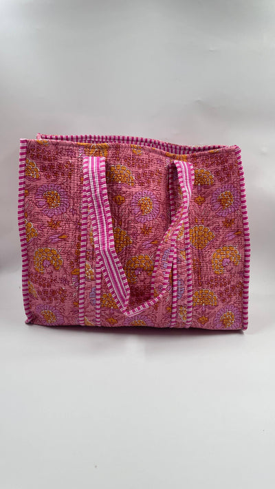 100% Cotton Kantha Quilted Boho Floral Reversible Tote Bag