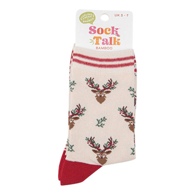 Women's Bamboo Socks - Cream/Red, Floral Reindeer