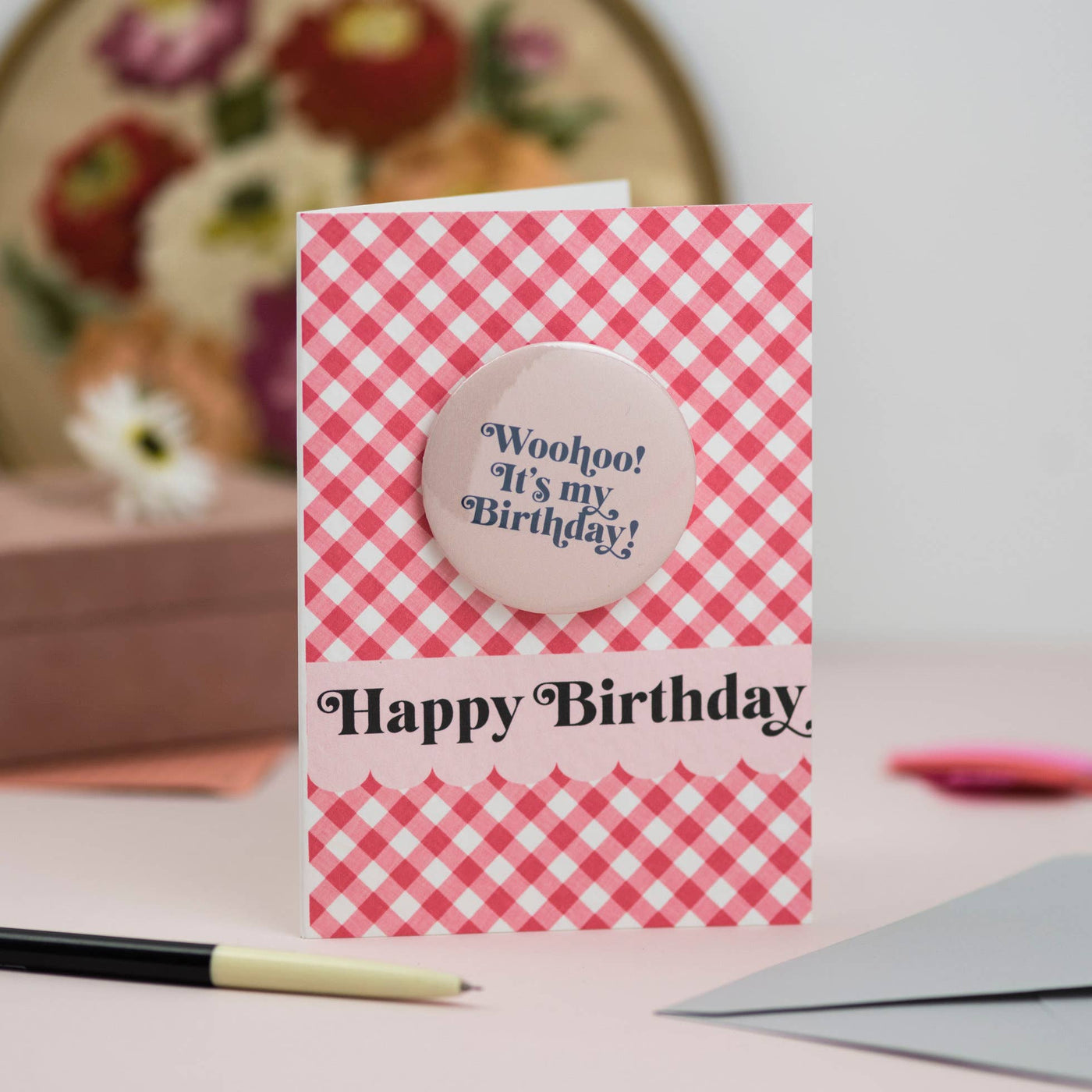 'Woohoo! It's My Birthday!' Gingham Birthday Badge Card