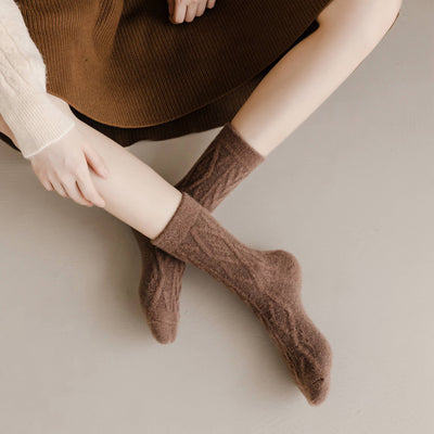 Women's Winter Wool Socks - Thick Cable Knit Warm Socks: Brown
