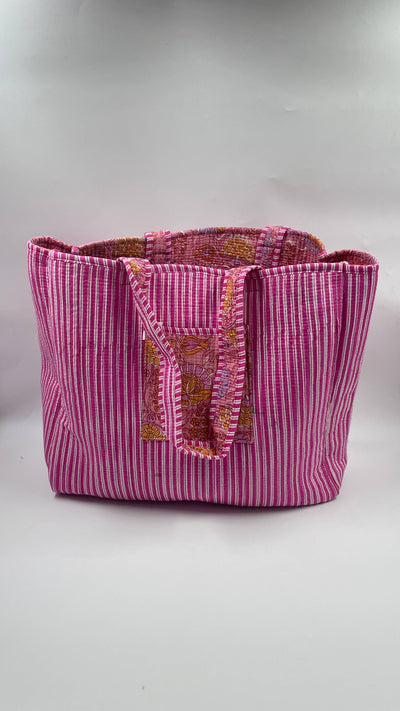 100% Cotton Kantha Quilted Boho Floral Reversible Tote Bag