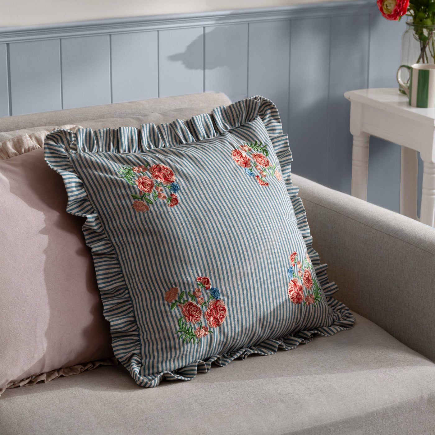 Martha Embroidered Ruffle Cushion Blue: Blue 50 x 50cm