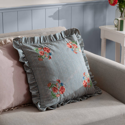 Martha Embroidered Ruffle Cushion Blue: Blue 50 x 50cm