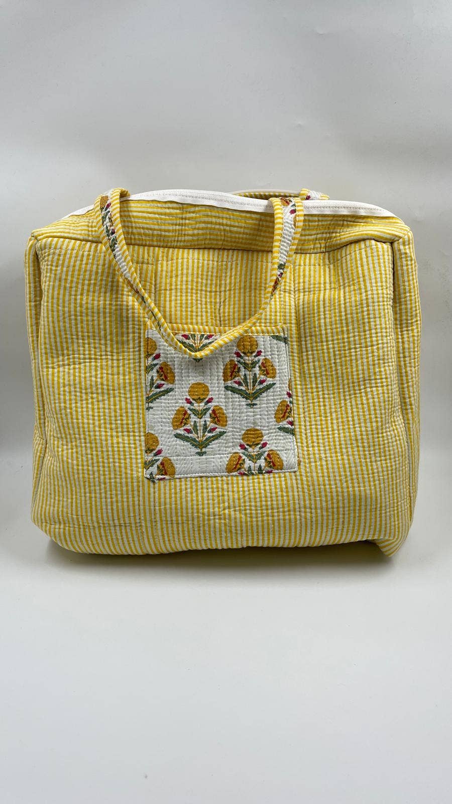 Kantha White/Yellow Quilted Tote Bag with Zip