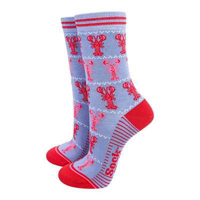 Women's Bamboo Socks - Light Blue/Red, Lobsters
