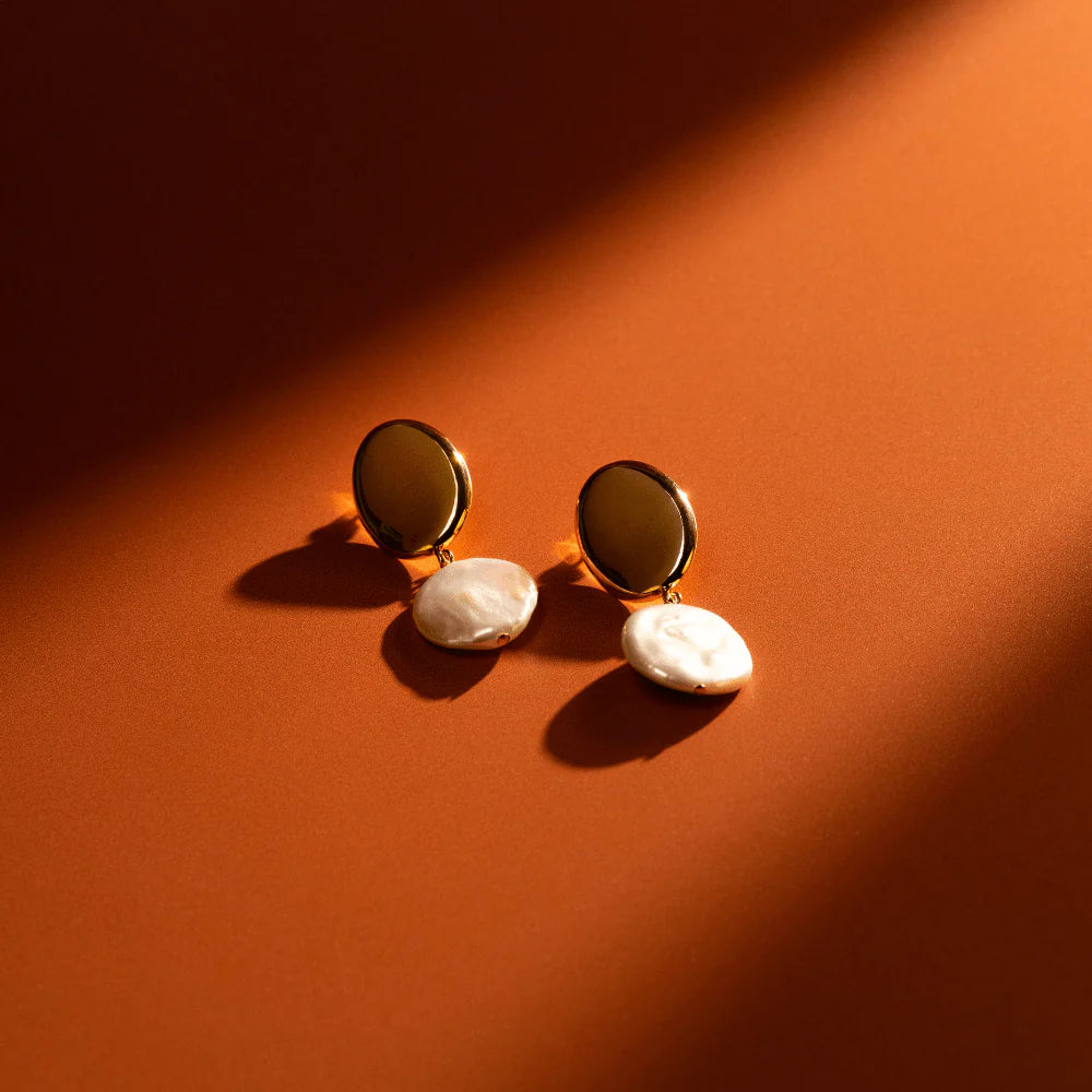 Polished Coin & Pearl Drop Earrings