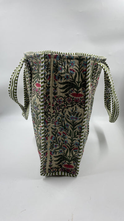 Kantha Quilted Khaki/Blue Floral Reversible Tote Bag 