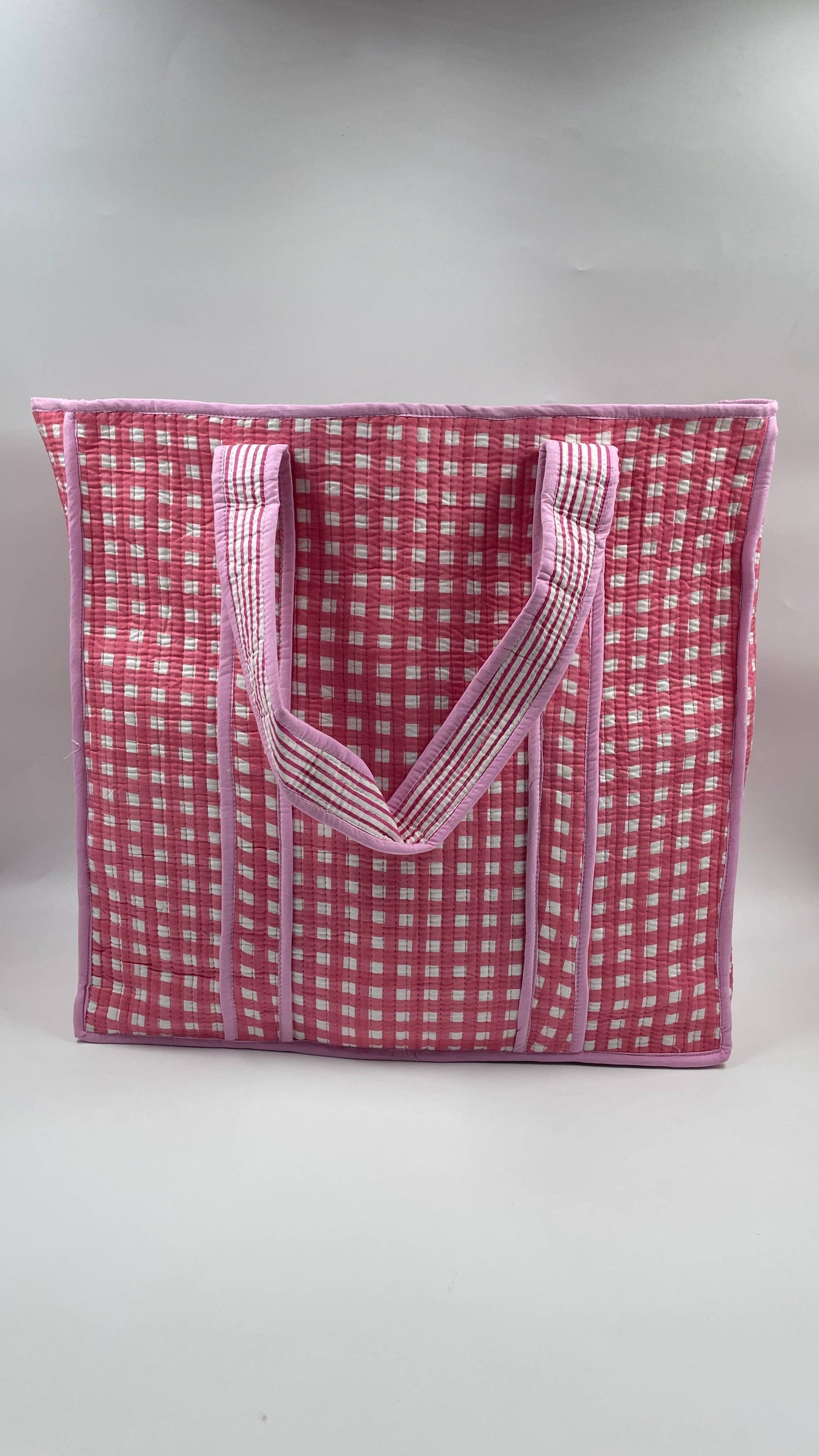 Kantha Quilted Pink Checked Reversible Tote Bag