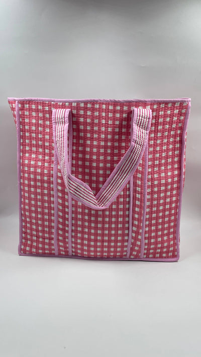 Kantha Quilted Pink Checked Reversible Tote Bag