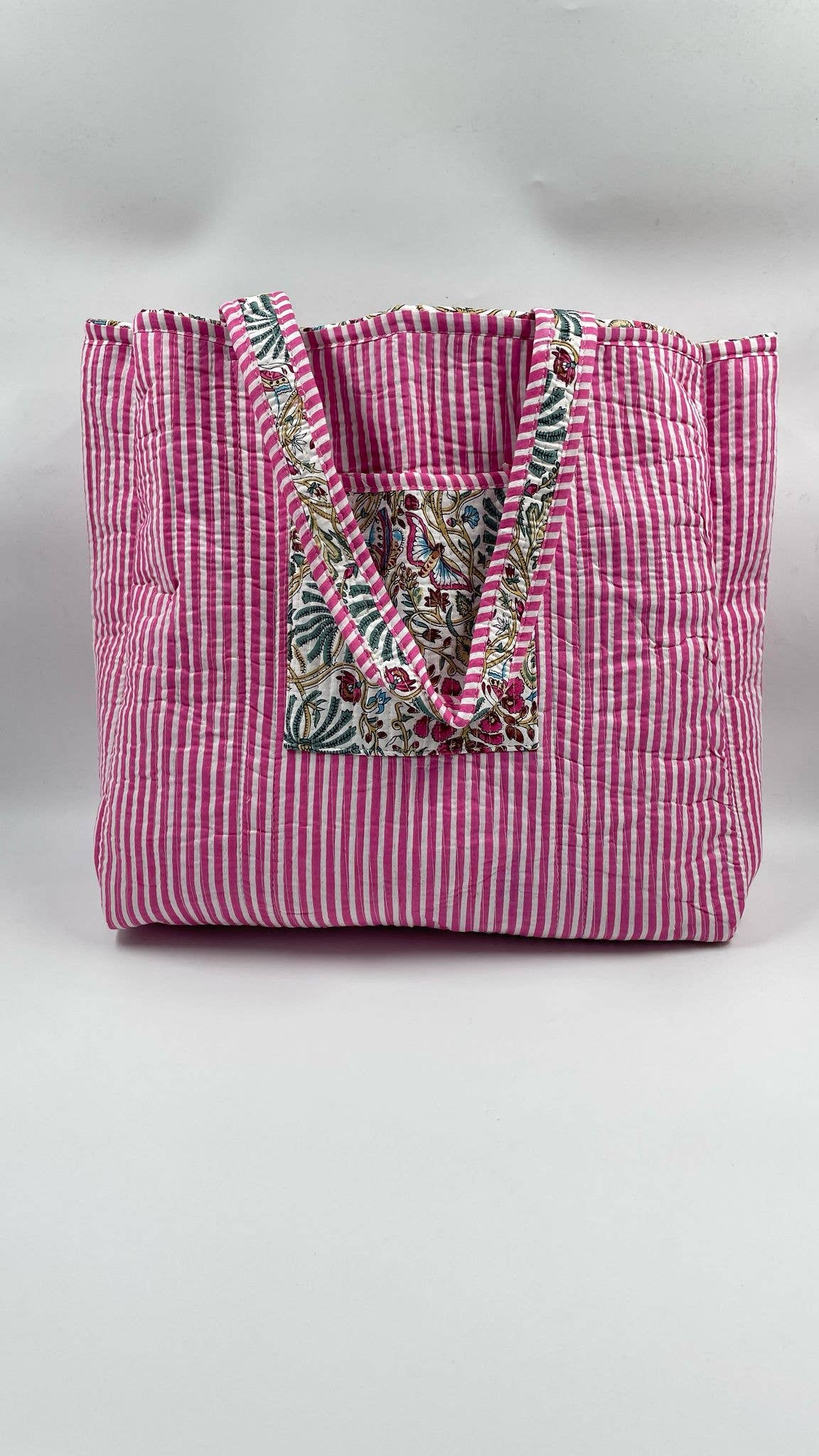 Kantha Pink/Blue Quilted Reversible Floral Tote Bag