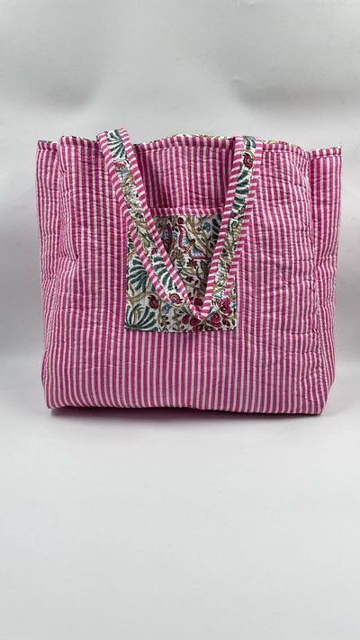 Kantha Pink/Blue Quilted Reversible Floral Tote Bag