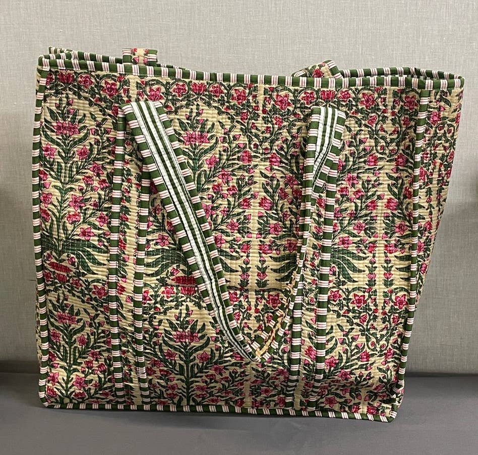 Kantha Yellow/Green Quilted Reversible Floral Tote Bag