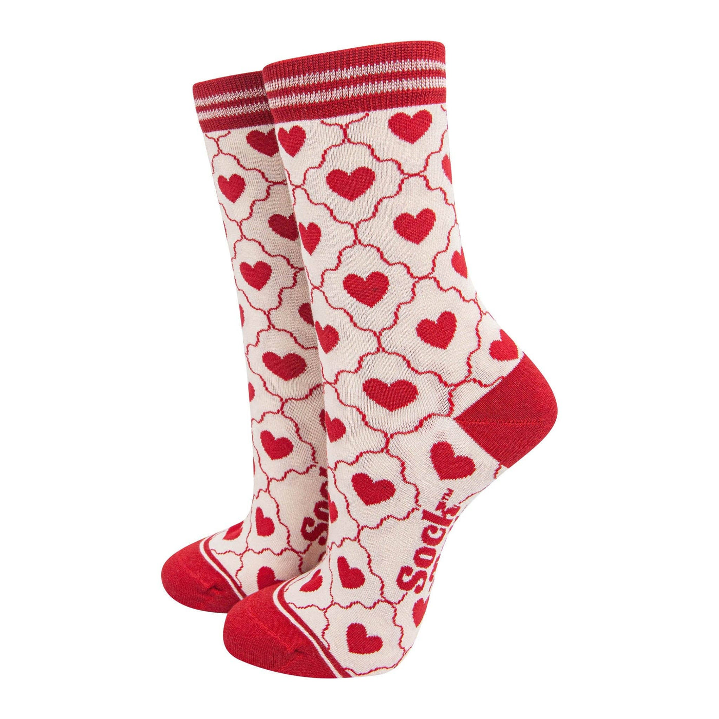 Women's Bamboo Socks - Cream/Red, Heart Ribbon