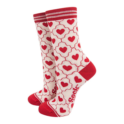 Women's Bamboo Socks - Cream/Red, Heart Ribbon