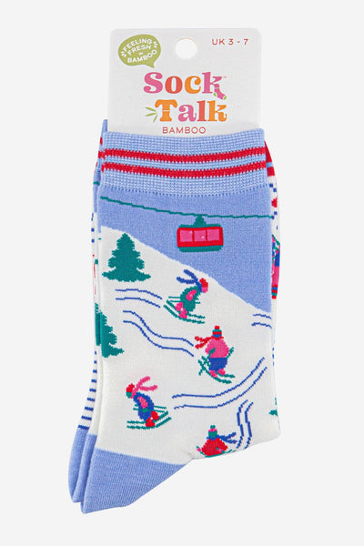Women's Bamboo Socks - Sky Blue/Red, Mountain Ski