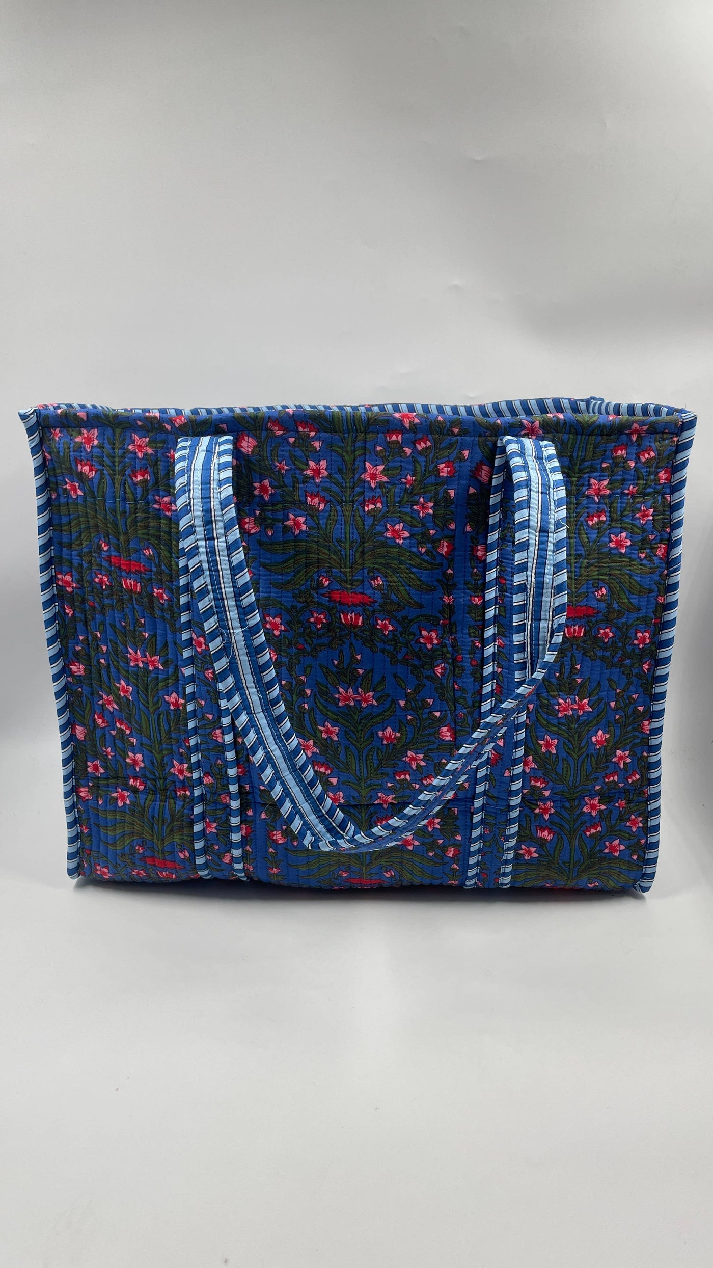 Kantha Quilted Dark Blue/Pink DB Floral Reversible Tote Bag