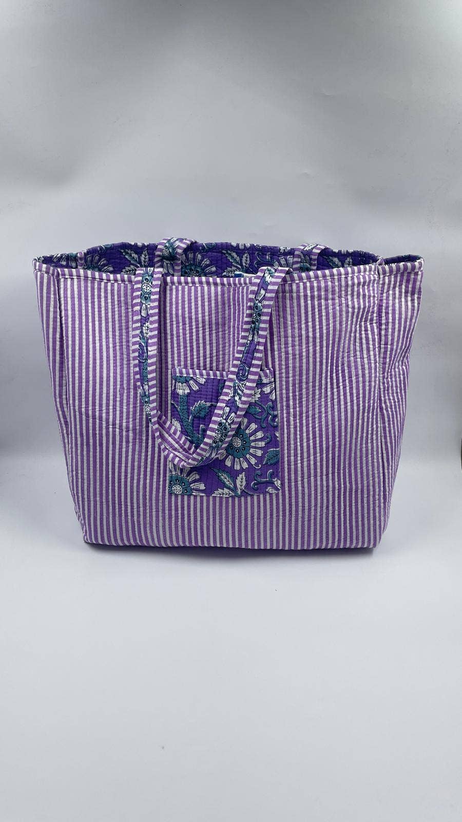 100% Cotton Kantha Quilted Boho Floral Reversible Tote Bag