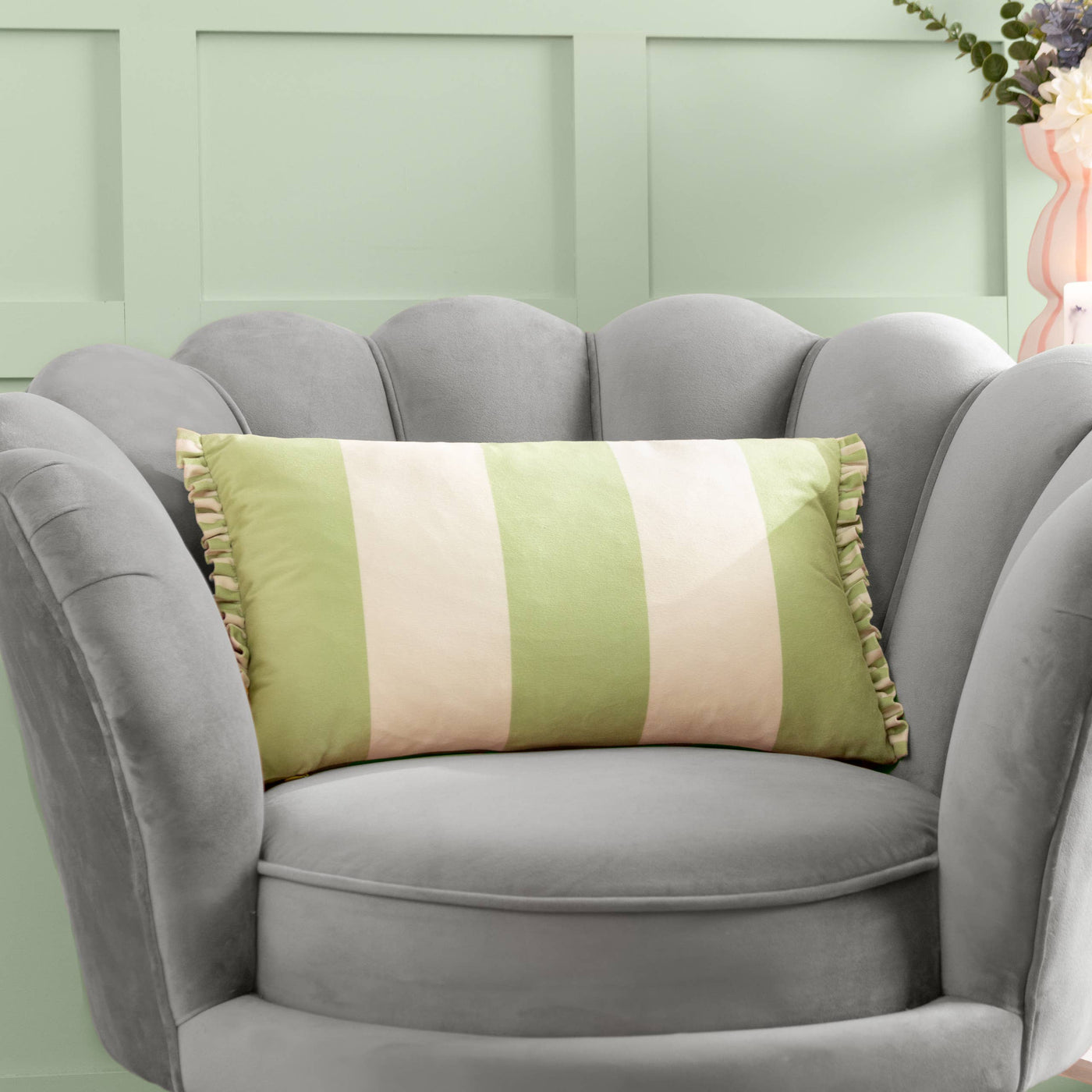 Araya Striped Velvet Cushion Green: Green 30 x 50cm