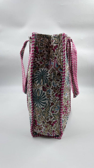 Kantha Pink/Blue Quilted Reversible Floral Tote Bag