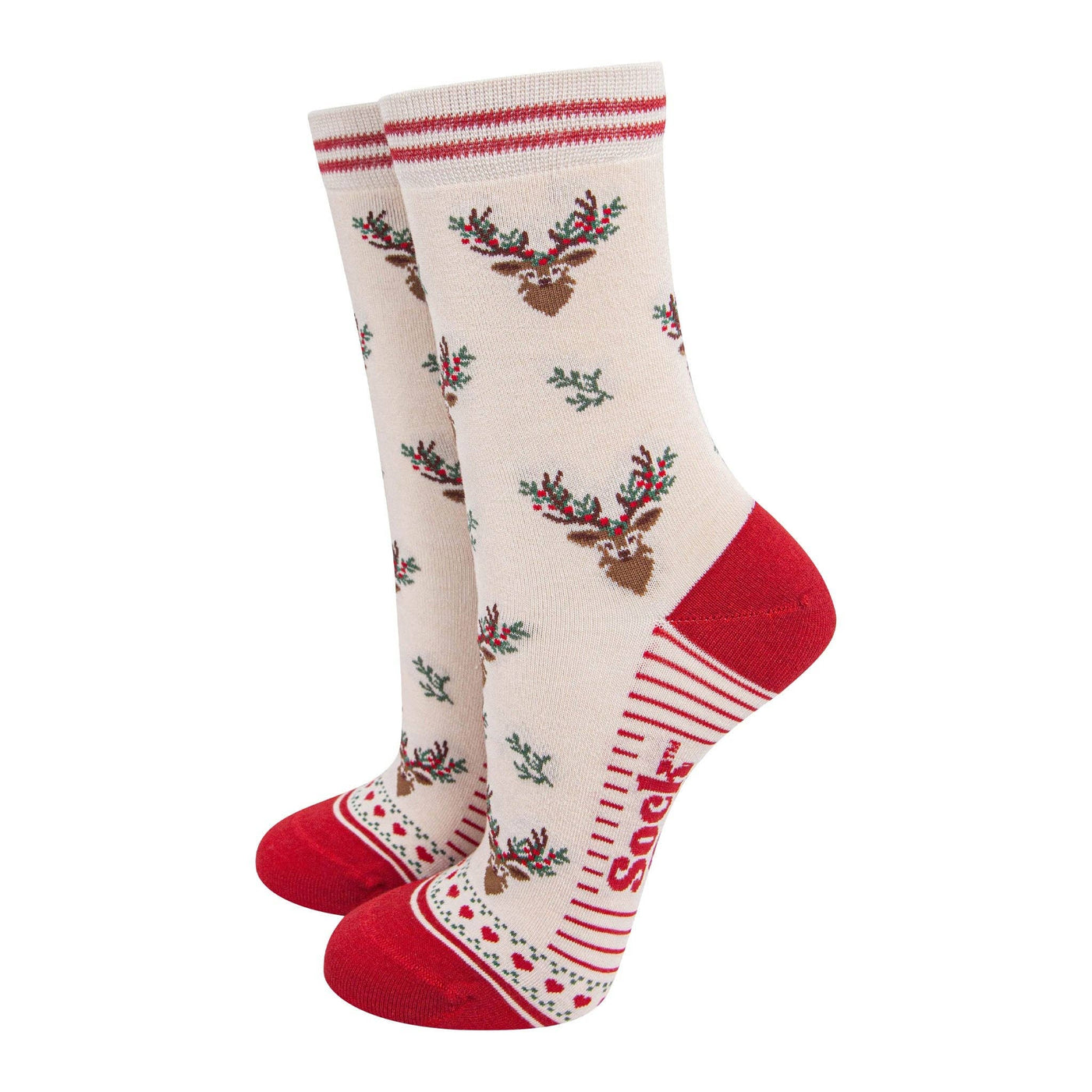 Women's Bamboo Socks - Cream/Red, Floral Reindeer