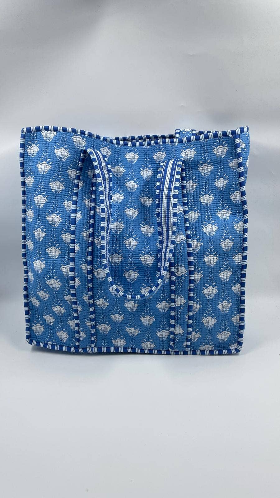 Kantha Blue Small Flowers Quilted Reversible Tote Bag