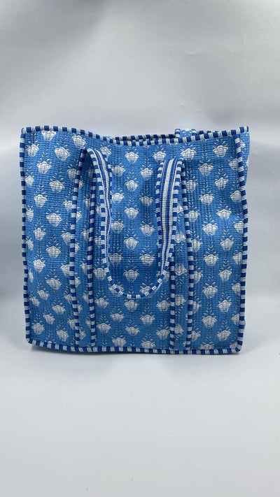 Kantha Blue Small Flowers Quilted Reversible Tote Bag