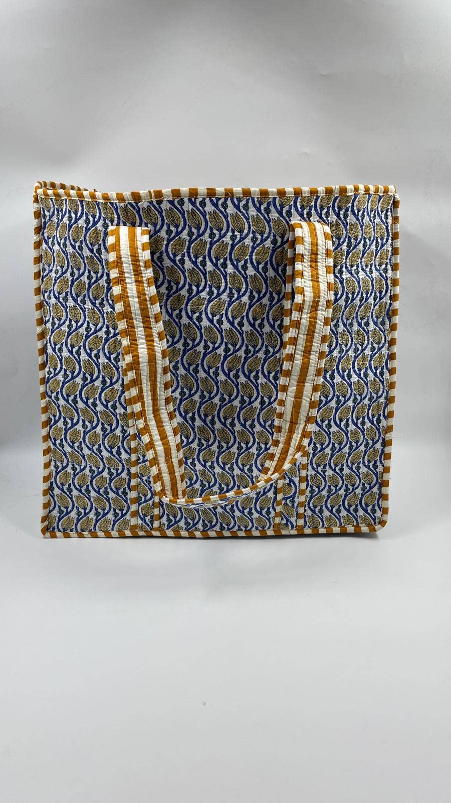 Kantha Blue/Mustard Quilted Lotus Reversible Tote Bag